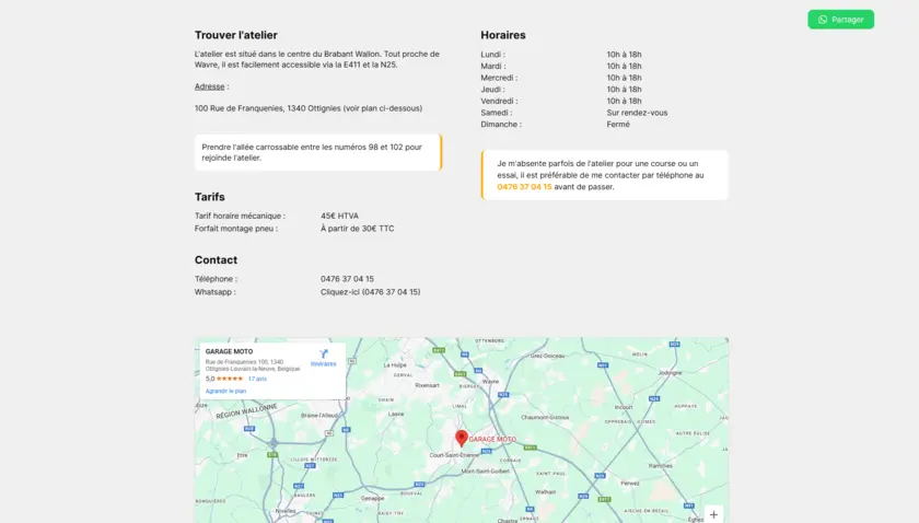 Section des informations pratiques de Garage Moto